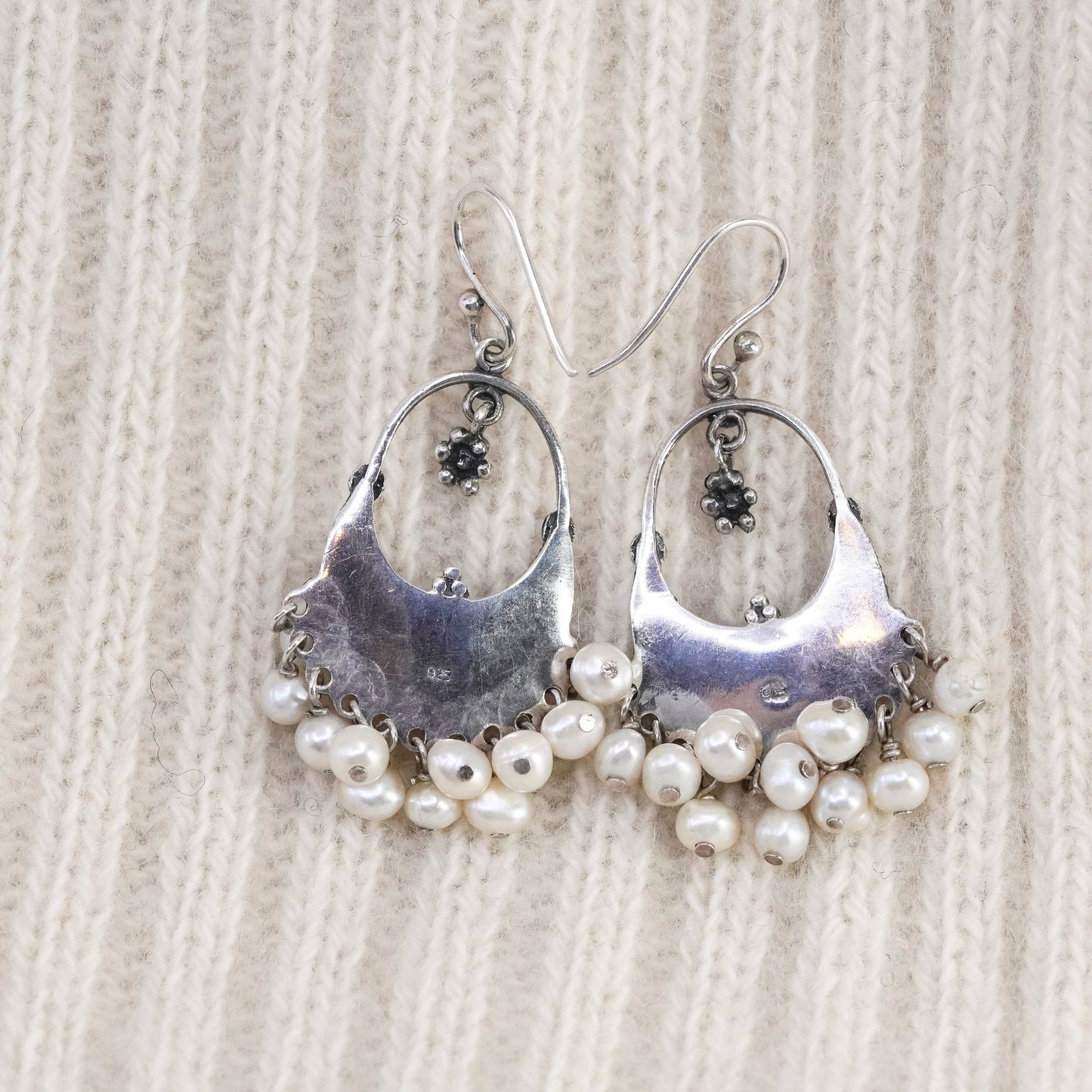 vtg sterling 925 silver handmade earrings with moonstone cluster pearl dangles
