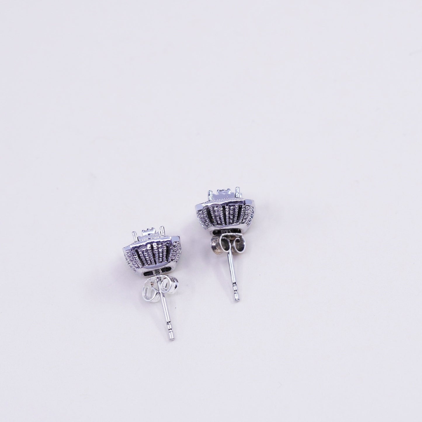 Vintage sterling silver handmade earrings, 925 square shaped studs with diamond