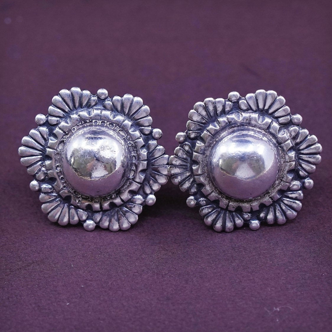 vtg Sterling silver handmade screw back earrings, 925 textured flower