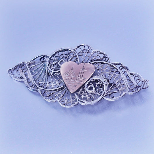 Vintage sterling silver handmade brooch, 925 filigree pin with 14K gold heart