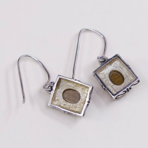 Vtg Sterling Silver Handmade Earrings, 925 Silver W/ Golden Tiger Eye