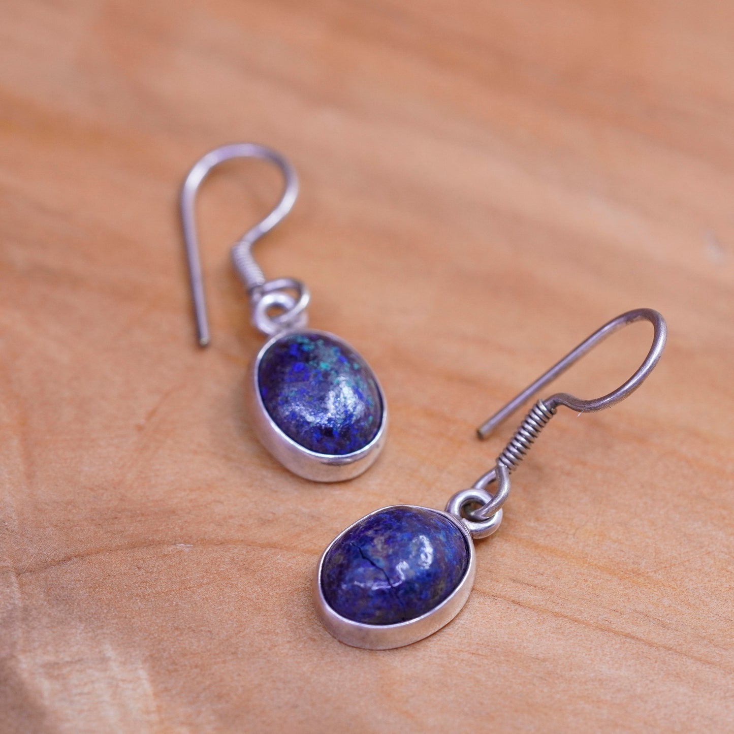 Vintage Sterling 970 silver handmade earrings with oval azurite