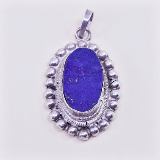 Vintage Sterling 925 silver handmade pendant with oval lapis lazuli and beads