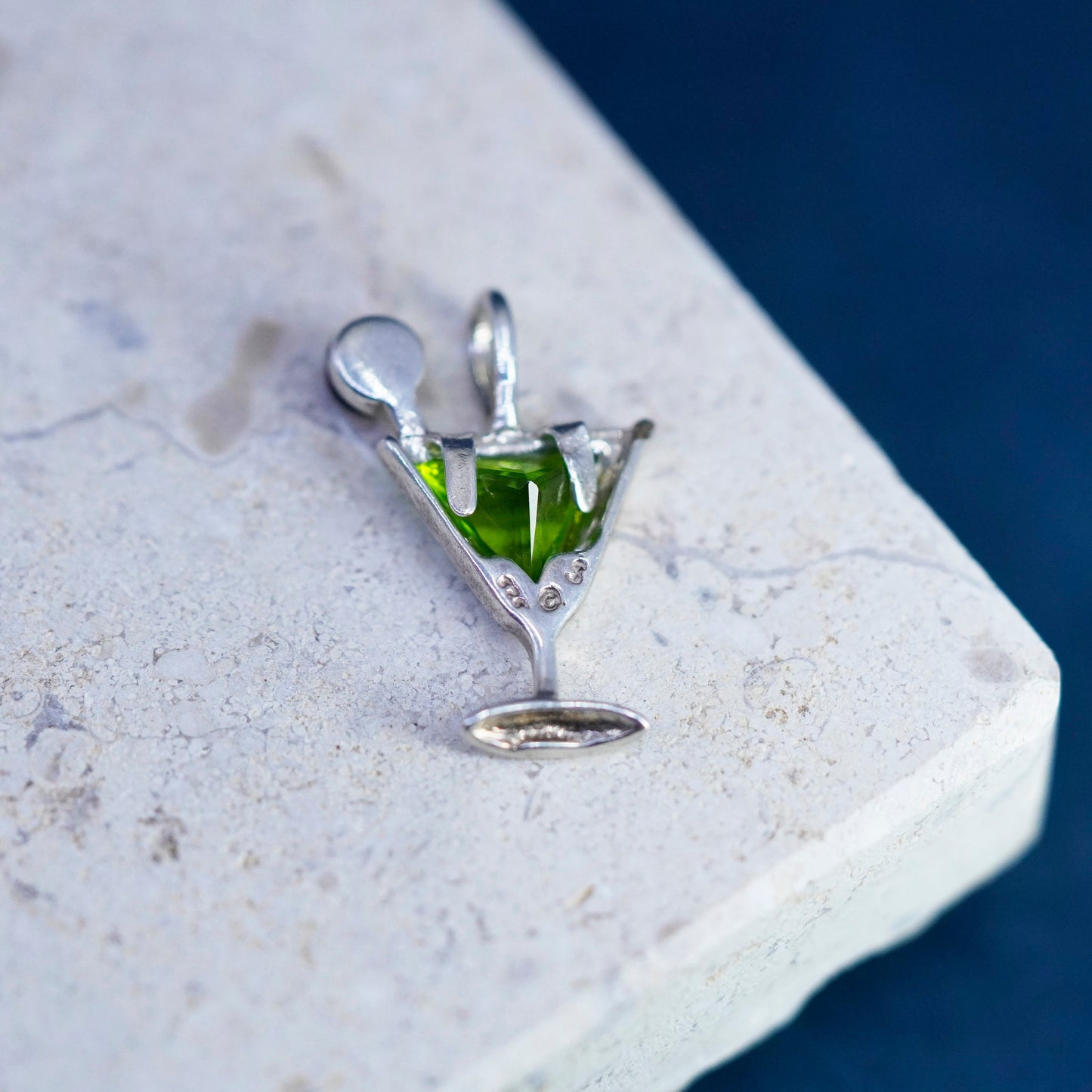 Vintage Sterling silver handmade pendant, 925 cocktail charm with green cz