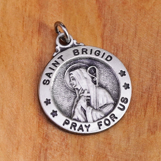 vtg Sterling silver handmade pendant, 925 Saint Brigid pray for us tag charm