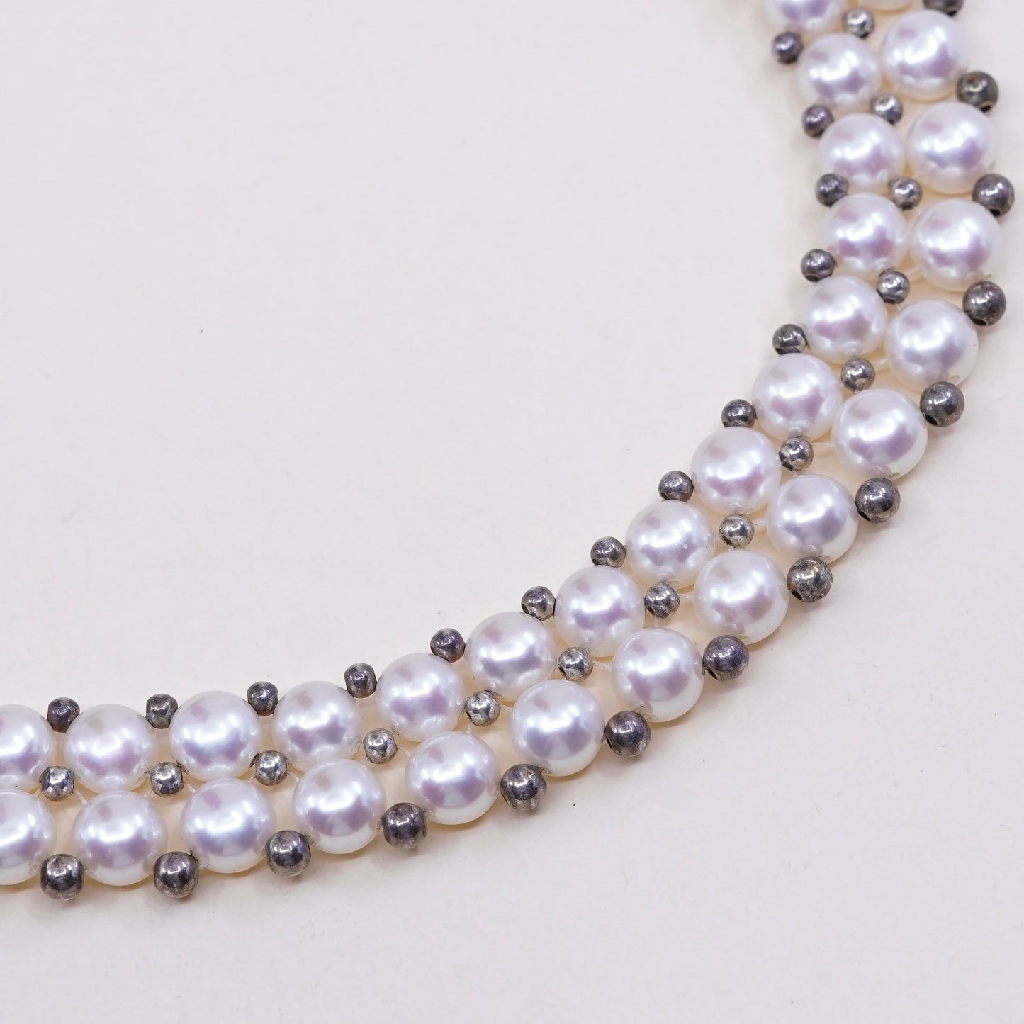14+4” Vintage sterling 925 silver white freshwater pearl beads necklace chain