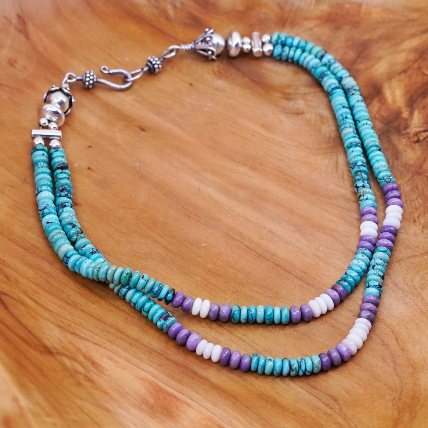 16”. Native American heishi strands necklace turquoise moonstone amethyst