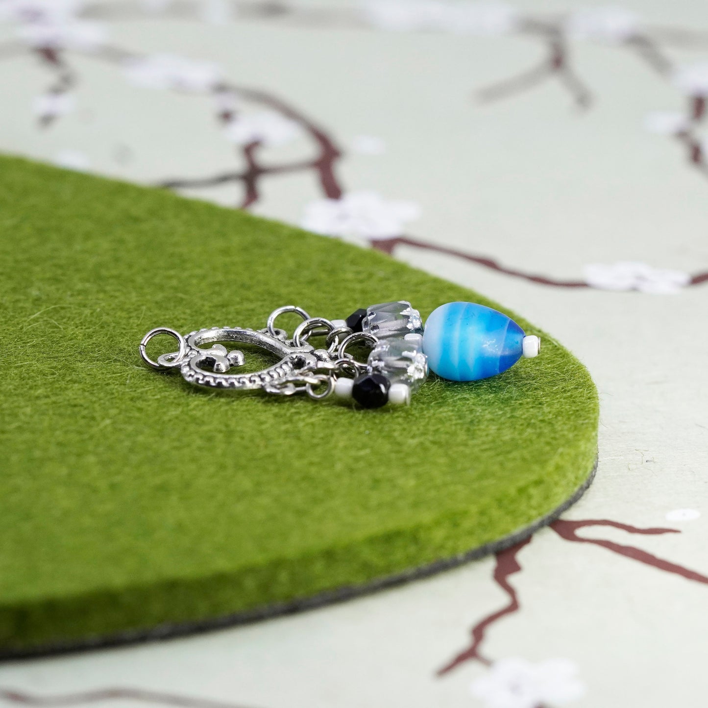 Vintage silver tone heart pendant with Blue agate charms