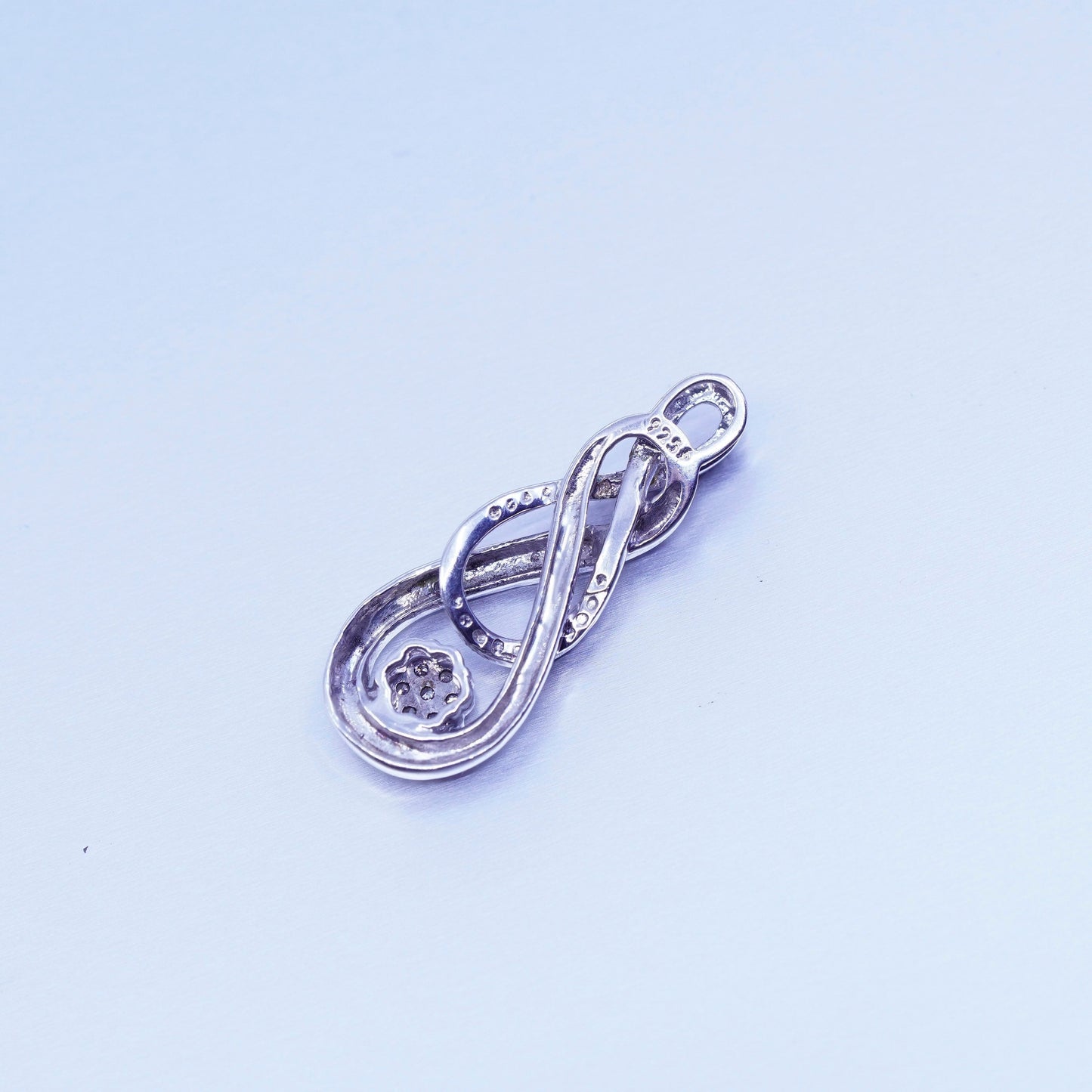 Vintage sterling 925 silver pendant, entwined teardrop with diamond