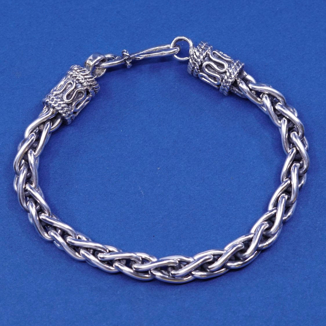 6.75”, 7mm, vtg mexico Sterling silver handmade bracelet, bold 925 wheat chain