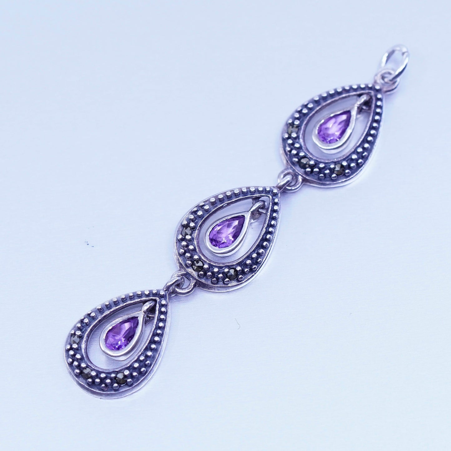 Sterling silver handmade charm, 925 teardrop pendant Marcasite and amethyst