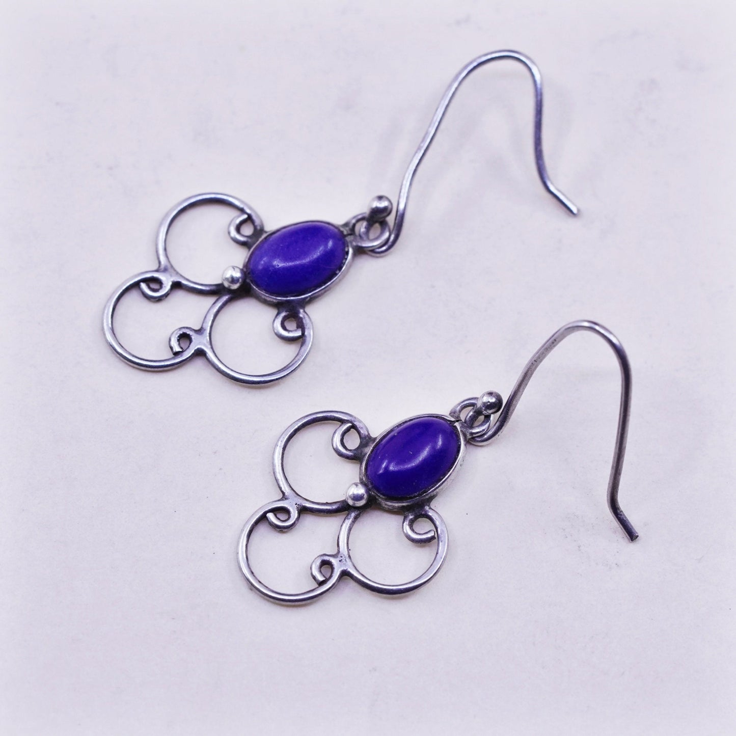 Vintage Sterling 925 Silver Handmade earrings with oval lapis lazuli inlay