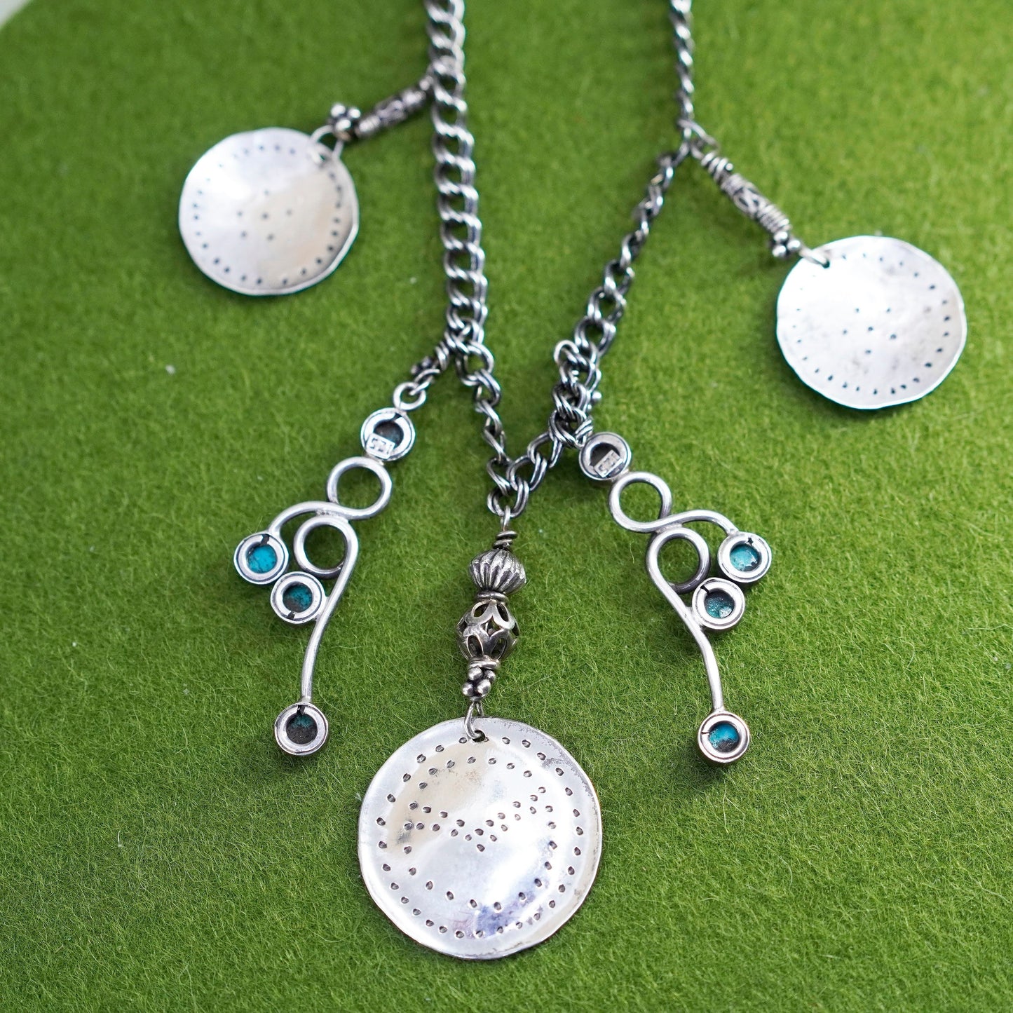 20”, Sterling 925 silver necklace, double curb chain with turquoise and discs