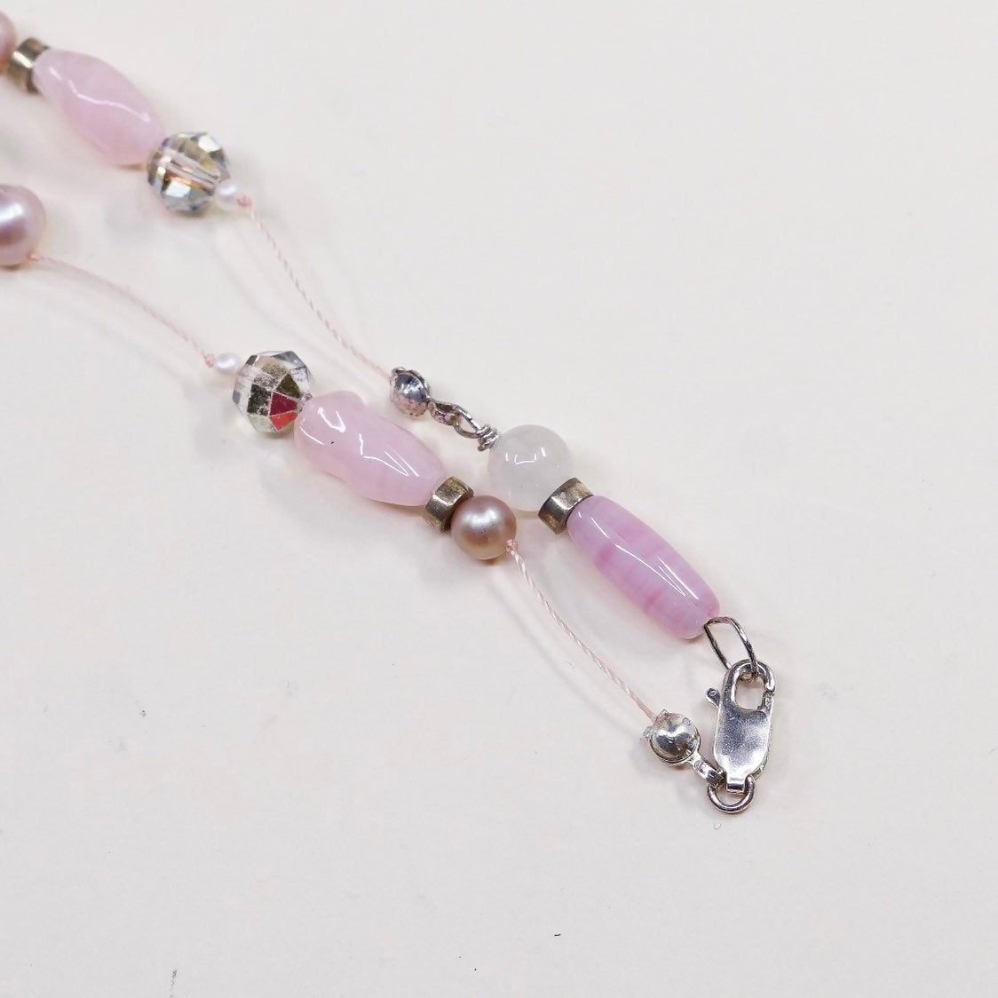 18”, vtg handmade Sterling silver clasp with pink quartz beads necklace