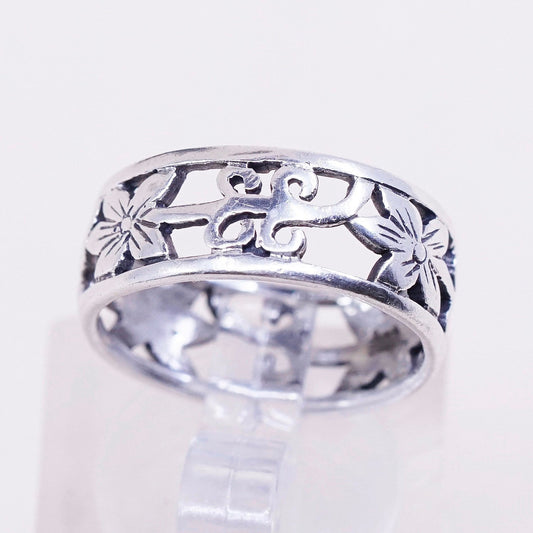 sz 4.75, vtg sterling silver handmade ring, 925 band w/ floral filigree