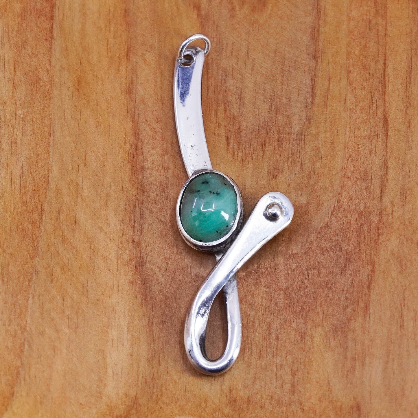 Southwestern modern Sterling 925 silver handmade pendant with oval jade