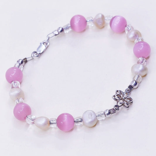 7”, handmade bracelet pearl pink cat eye beads sterling 925 silver flower