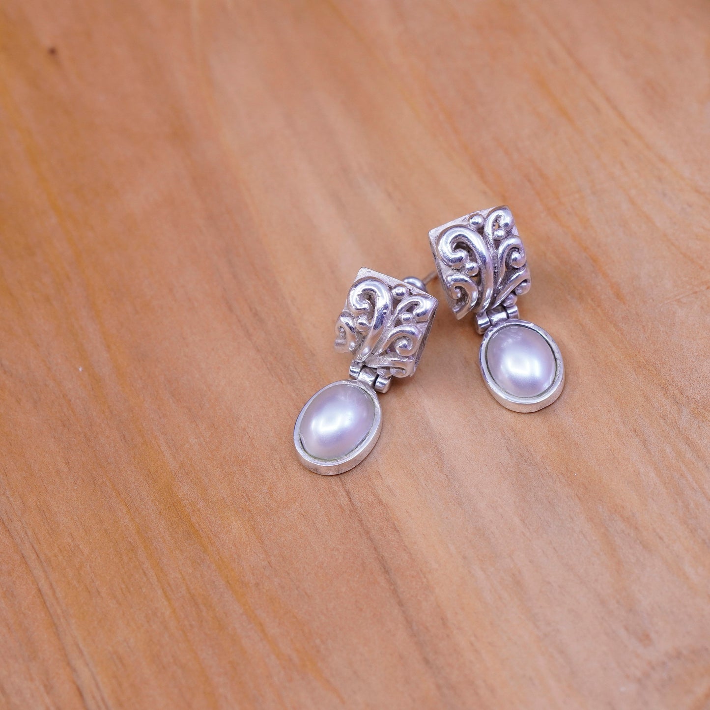 Sterling silver earrings, 925 studs with freshwater pearl drop and filigree