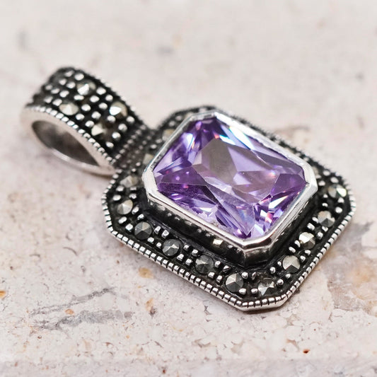 Vintage sterling 925 silver handmade pendant with amethyst and marcasite detail