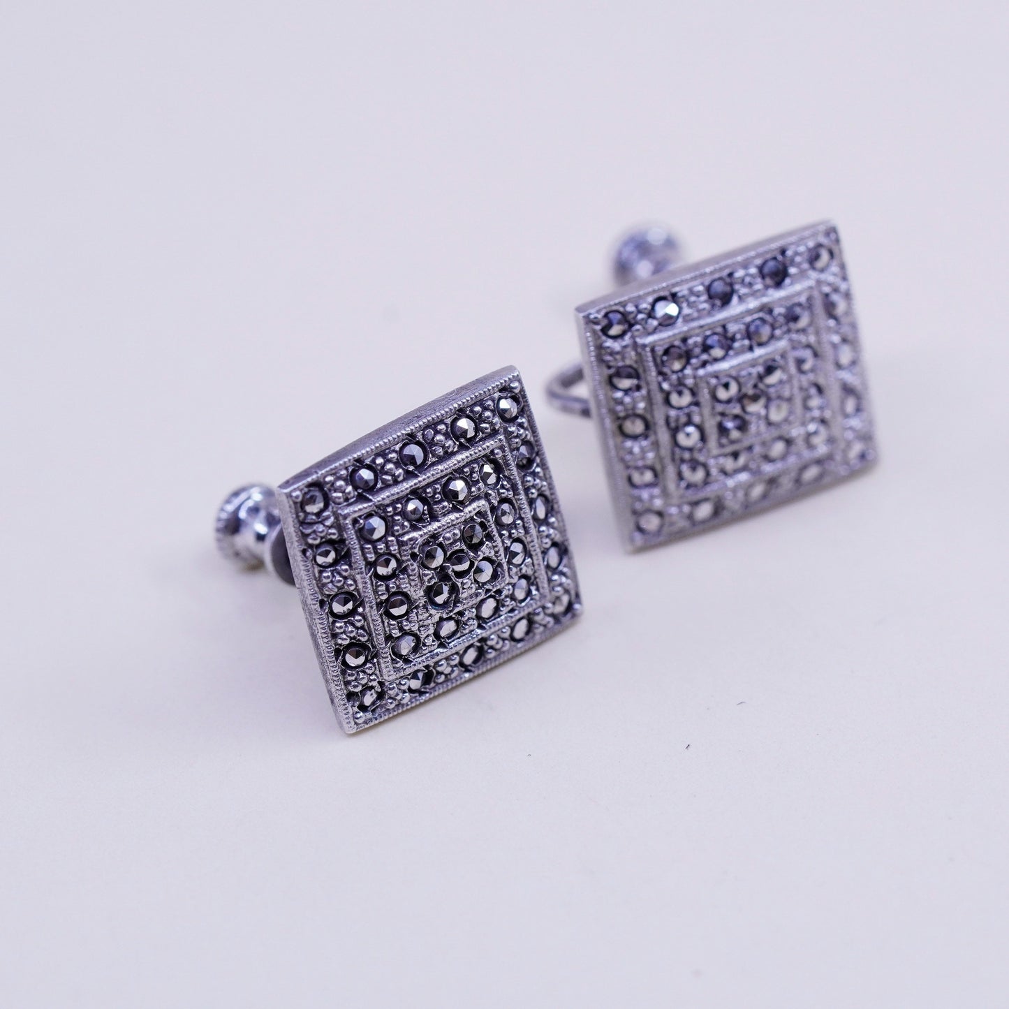 Vintage Sterling silver handmade earrings, 925 screw back square with Marcasite