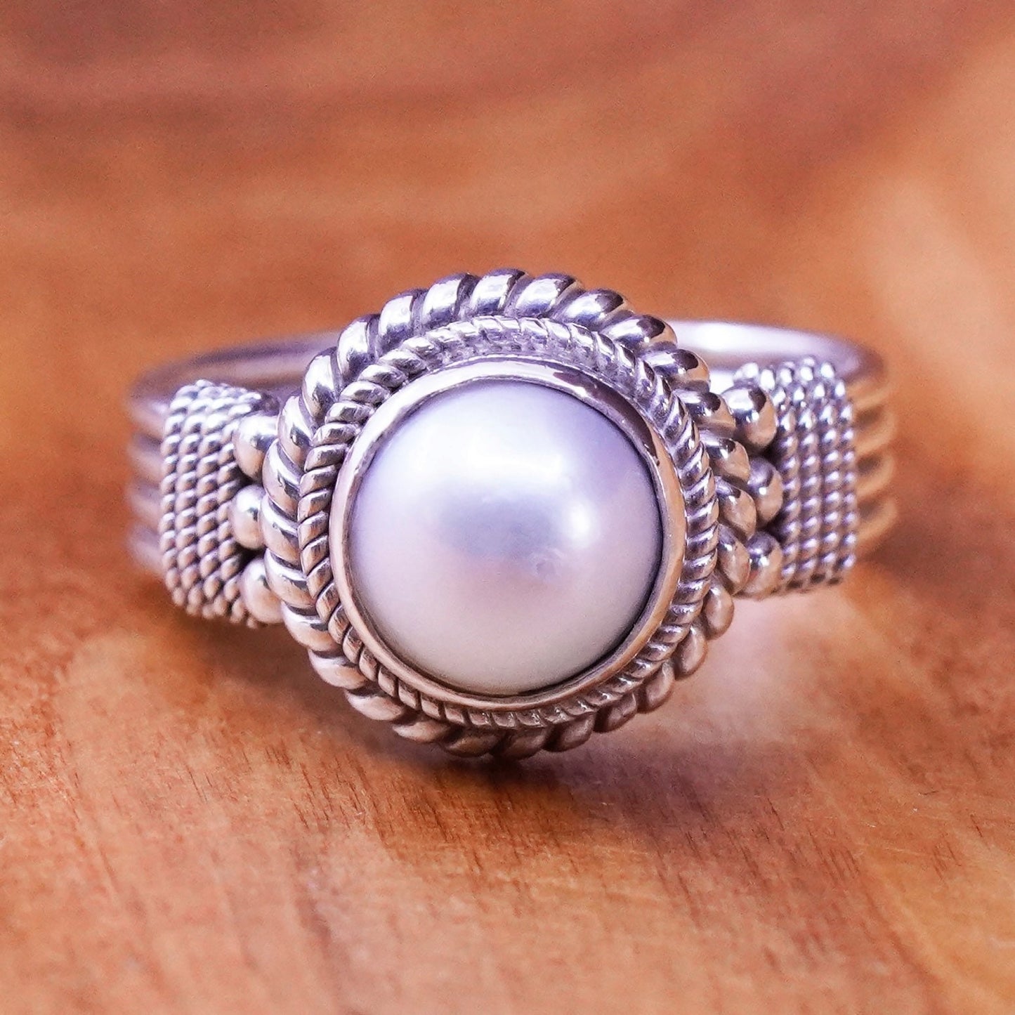 Size 6.5, vintage Sterling 925 silver handmade Pearl Ring with beads and cable