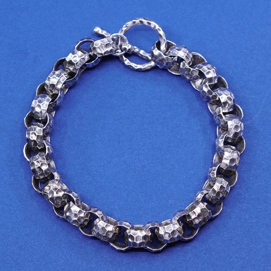 7”, 10mm, vtg Sterling silver handmade bracelet, 925 hammered circle chain