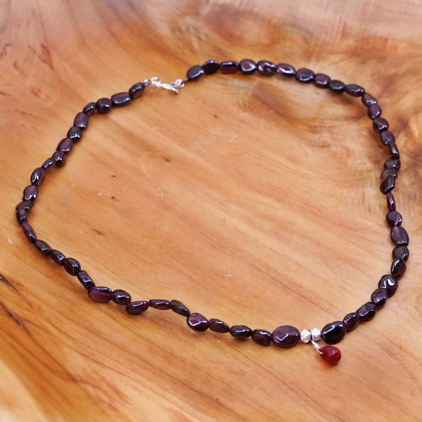 18”, vintage Sterling silver handmade necklace, 925 clasp with garnet beads