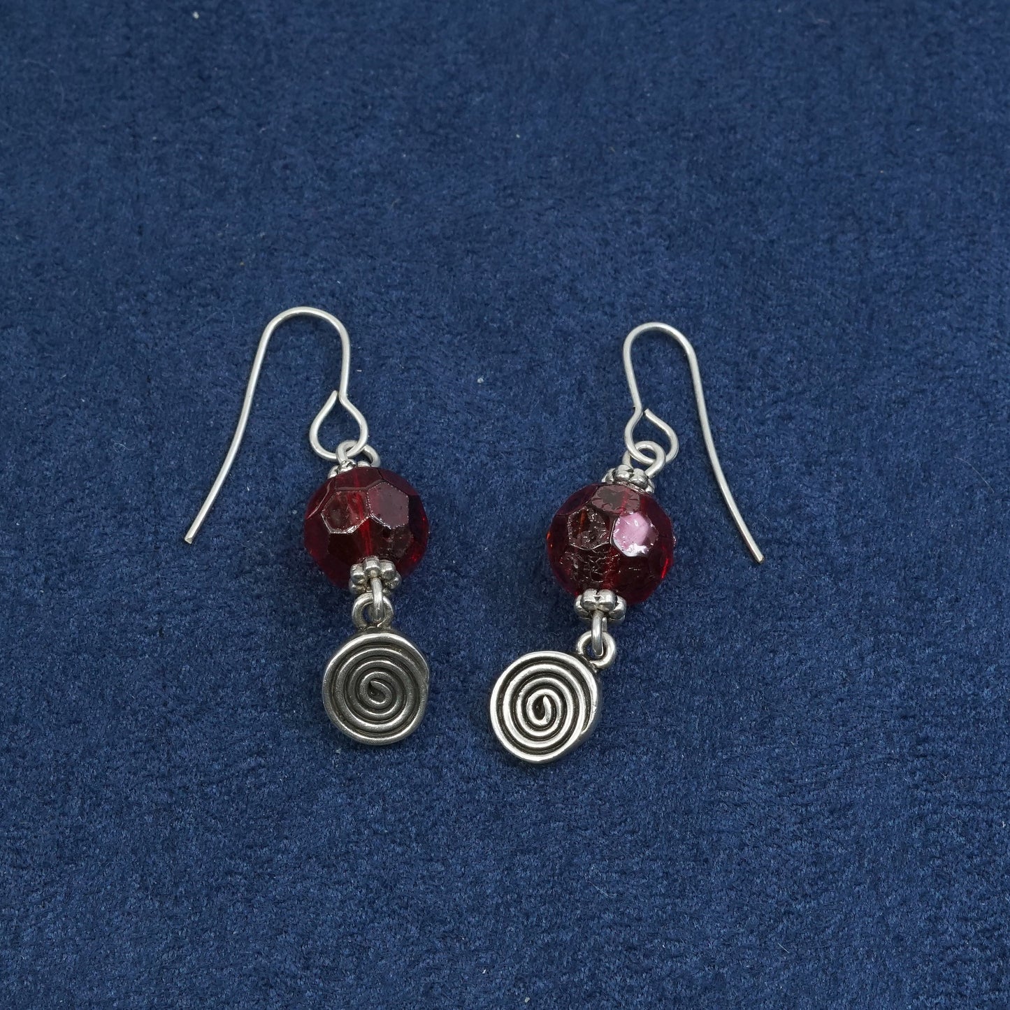 vtg Sterling Silver handmade Earrings w/ red glass beads, 925 swirl dangles