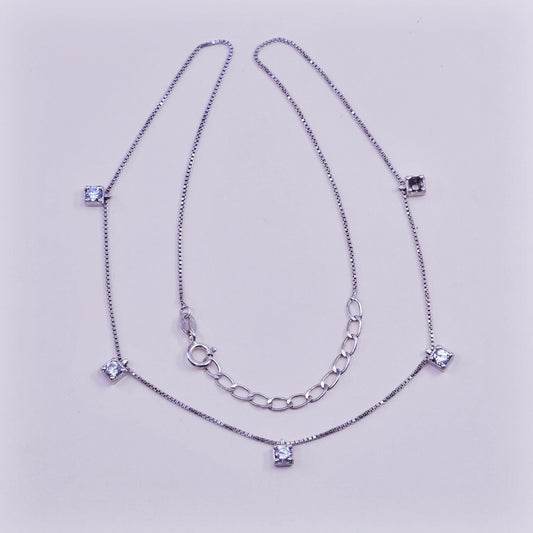 16+2”, vintage sterling silver box chain necklace with cz