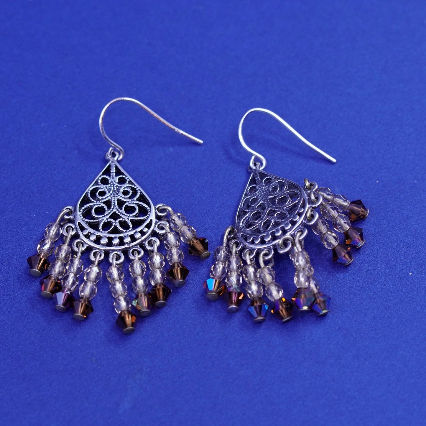 Sterling silver handmade earrings, 925 filigree teardrop disk cluster crystal