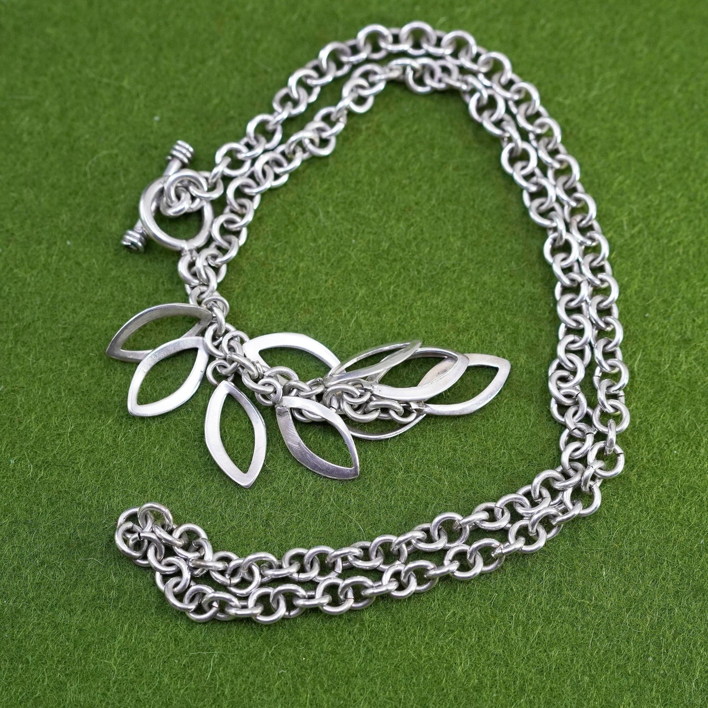 17”, sterling silver necklace, 925 handmade bold circle link chain leafy charms