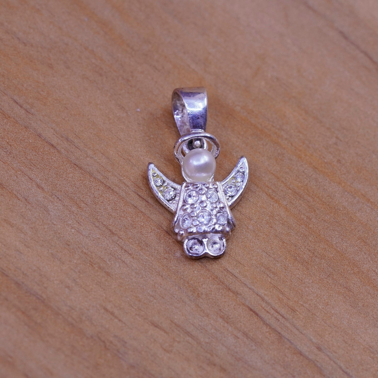 Vintage Sterling silver handmade pendant, 925 angel charm with crystal