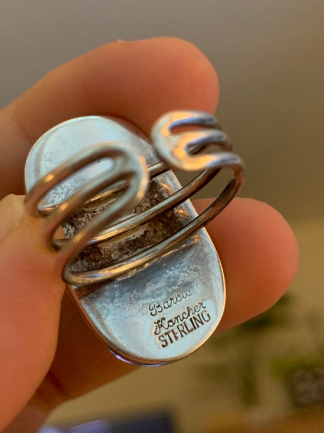 sz 7.75, barbie koncher jewelry, sterling silver handmade ring 925 foiled glass