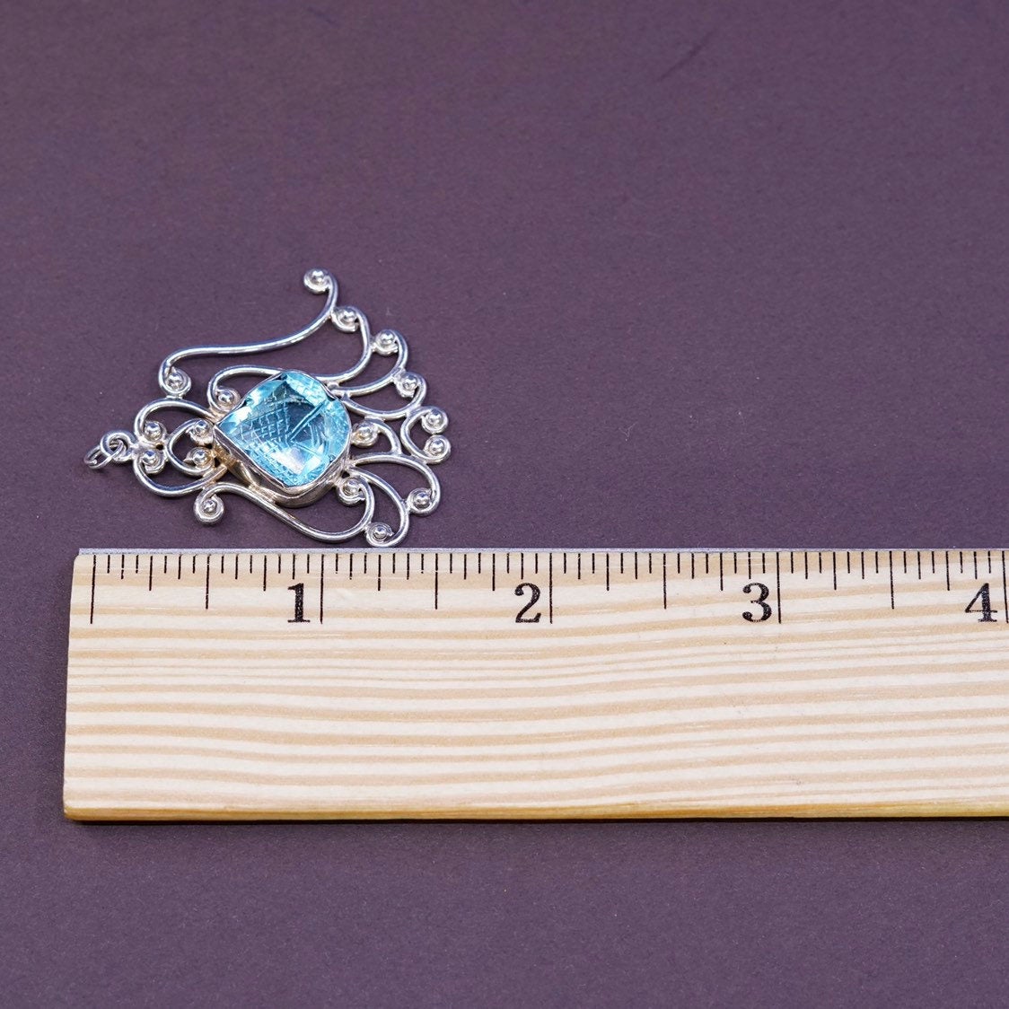 VTG Sterling silver handmade pendant, 925 swirl filigree w/ cushion blue topaz