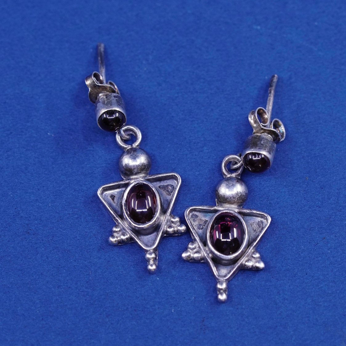 vtg sterling silver handmade earrings, 925 triangular w/ garnet and beads