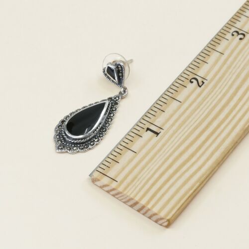 Vtg Sterling silver earrings w/ Teardrop Obsidian Drop N Marcasite Details, 925