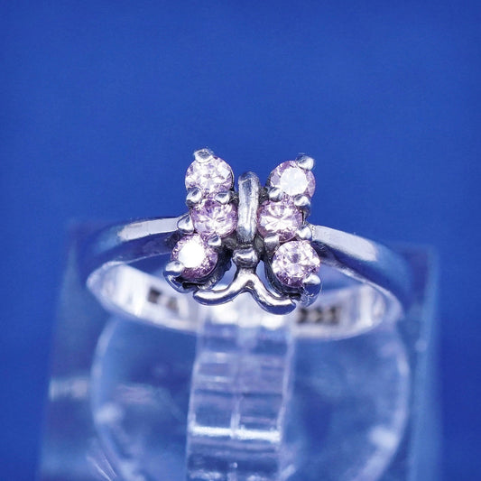 Size 3, vtg Sterling silver engagement ring, 925 band with pink cz butterfly