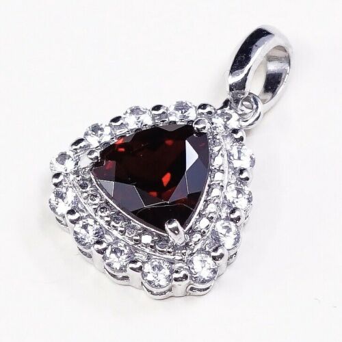 Vtg Handmade Sterling Silver 925 Pendant, Solid 925 Silver W/ Ruby N Cz Around