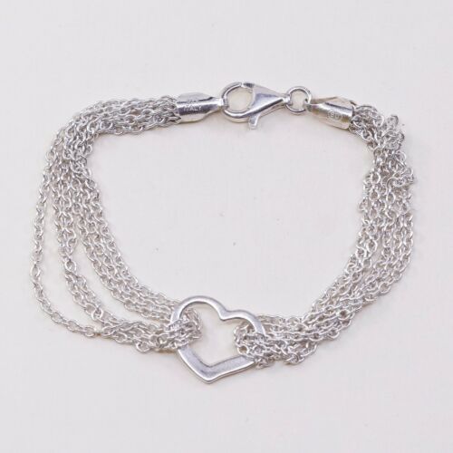 6.75” Sterling Silver Bracelet Multi Strands 925 Circle Chain W/ Heart Charm