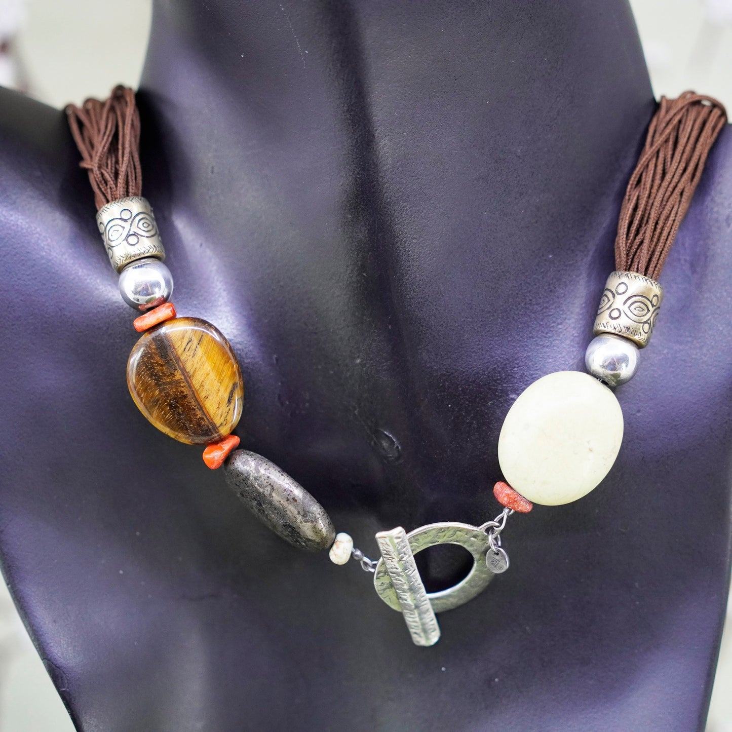 18”, Silpada Multi Cord Necklace N1891 Sterling Brass Tigers Eye Howlite