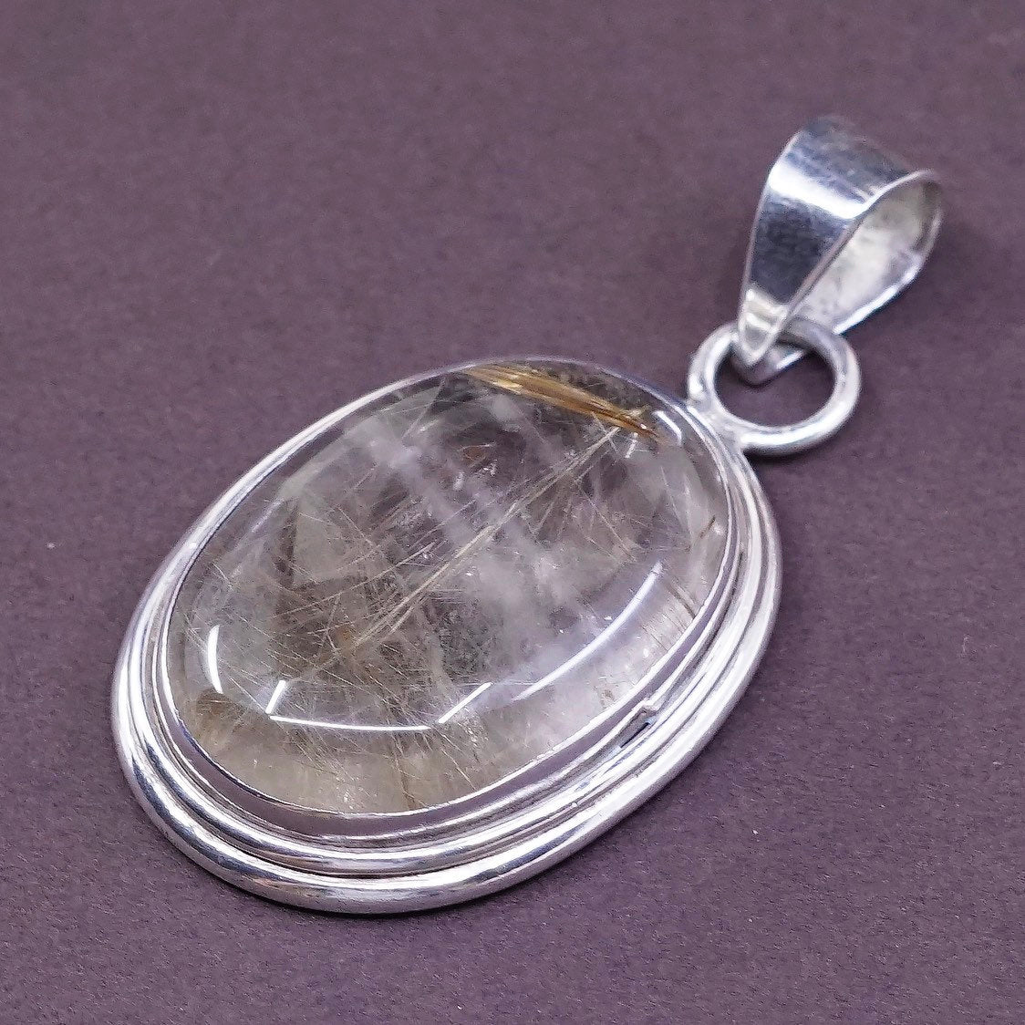 vtg Sterling silver handmade pendant, solid 925 silver with rutilated quartz