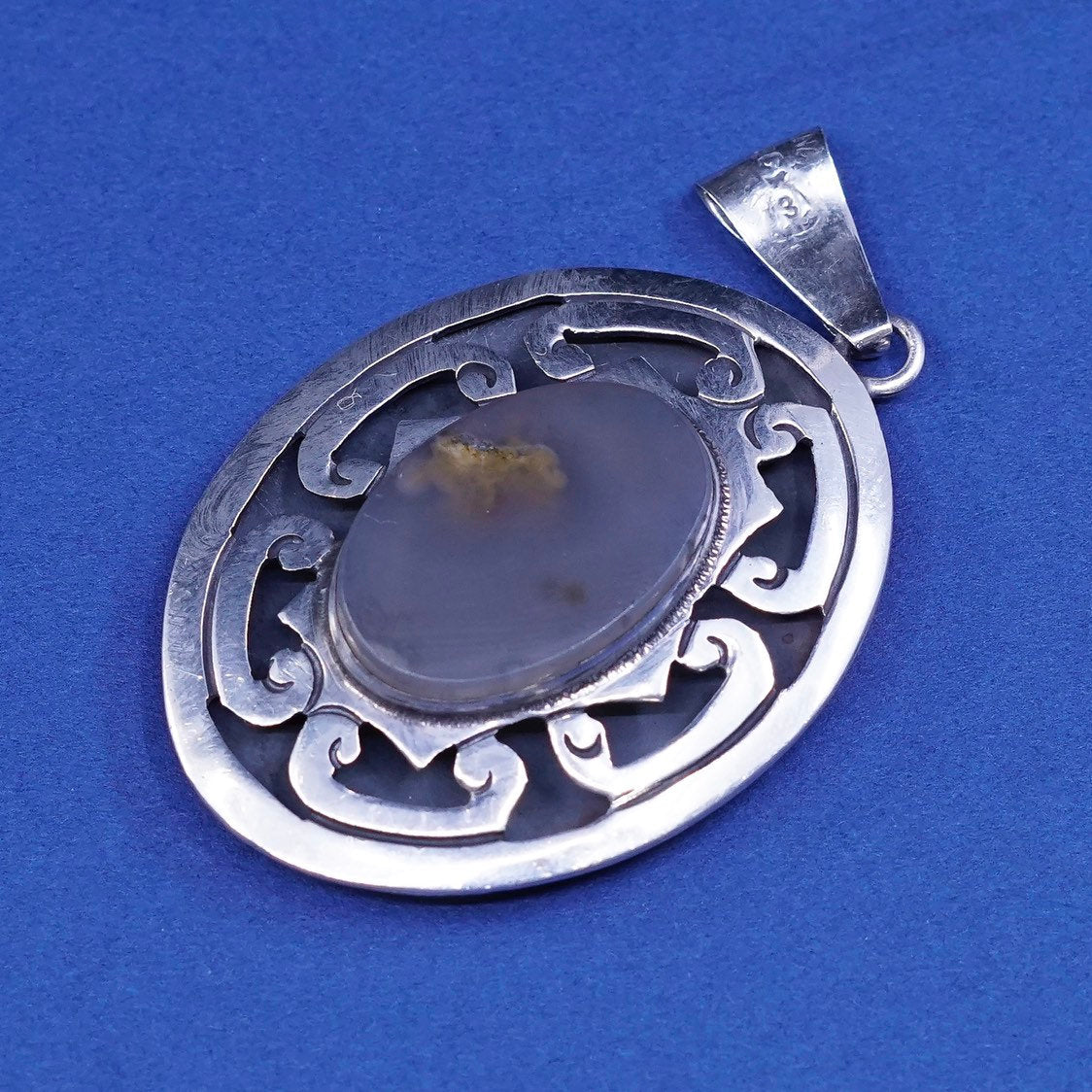 vtg CFC sterling silver handmade pendant, 925 w/ gray lace agate