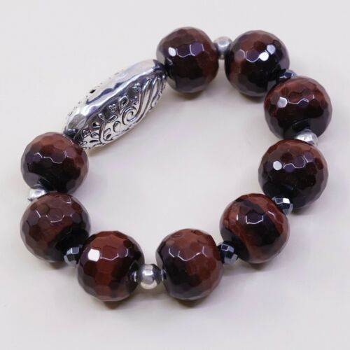 6.5”, Vtg Sterling 925 Silver Handmade Bracelet, Huge Golden Tiger’s Eye beads