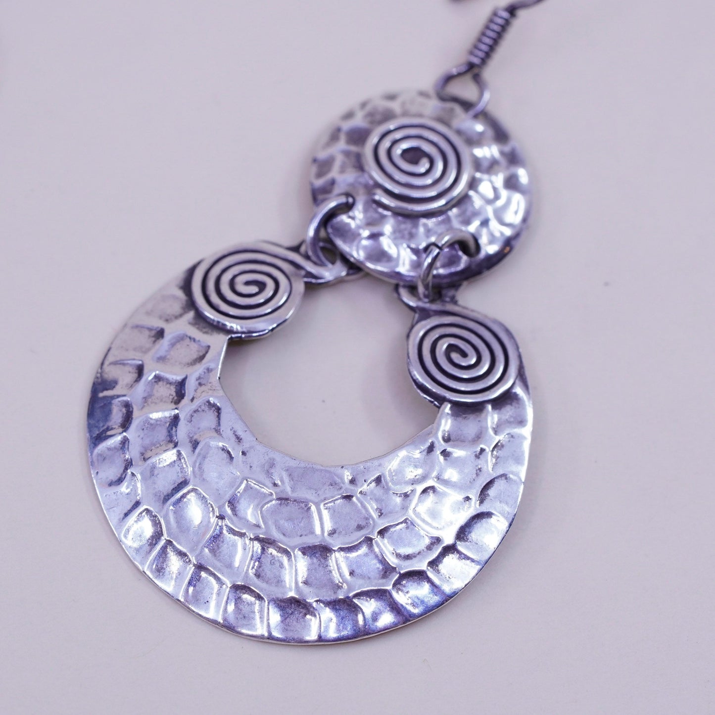 Vintage sterling silver handmade earrings, huge 925 circle w/ hammered texture