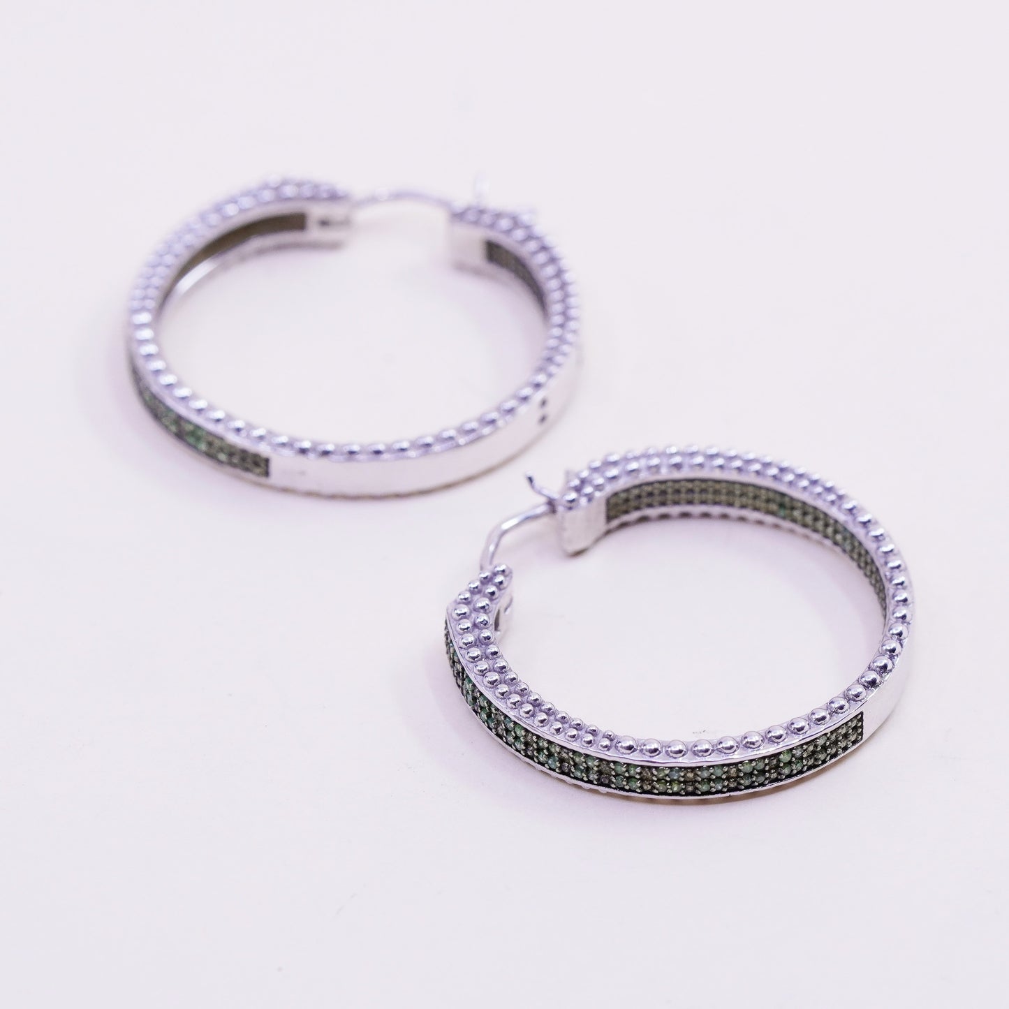 1.25”, sterling silver earrings, 925 silver hoops, Huggie with cluster emerald