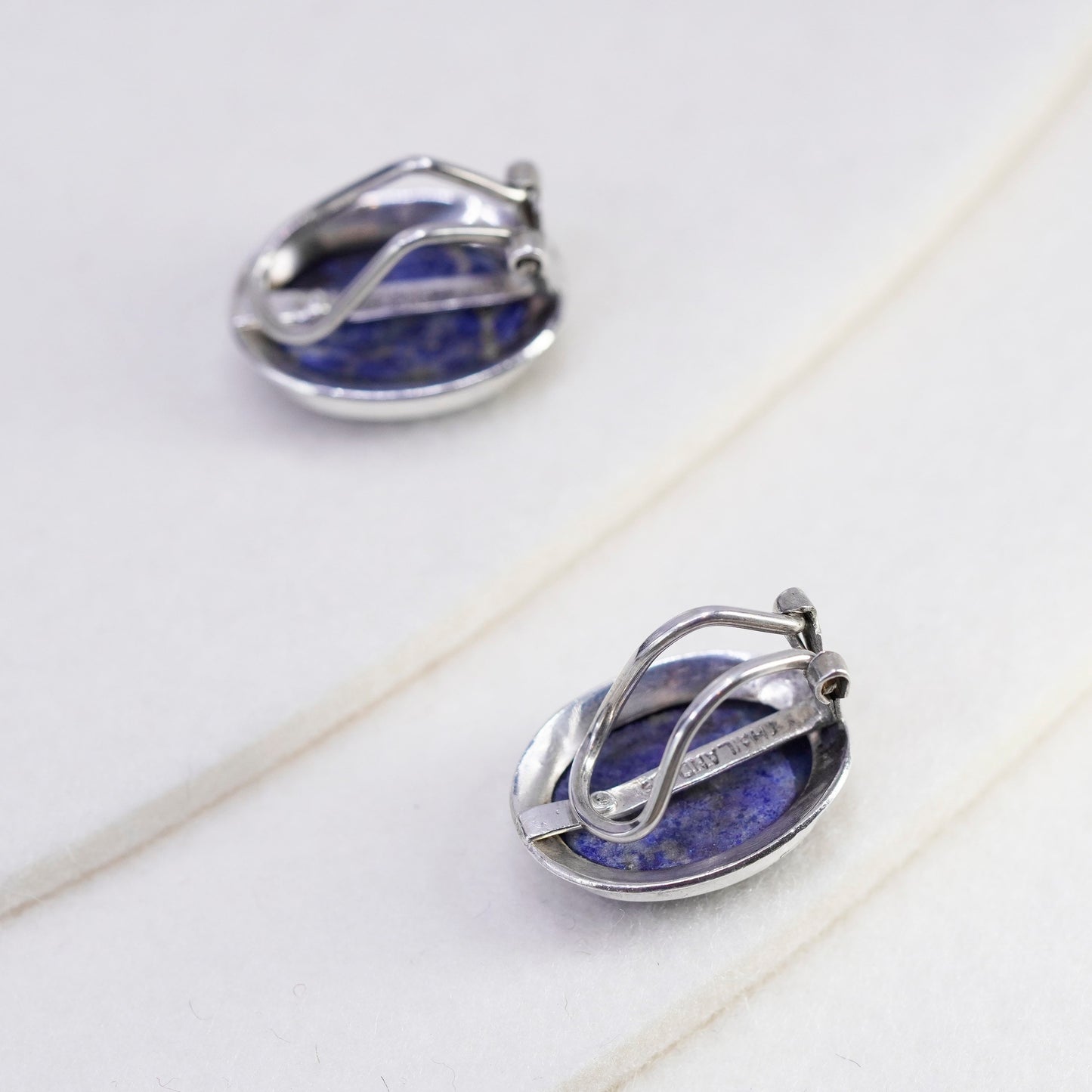 Vintage Sterling 925 silver handmade earrings, clip on with lapis lazuli