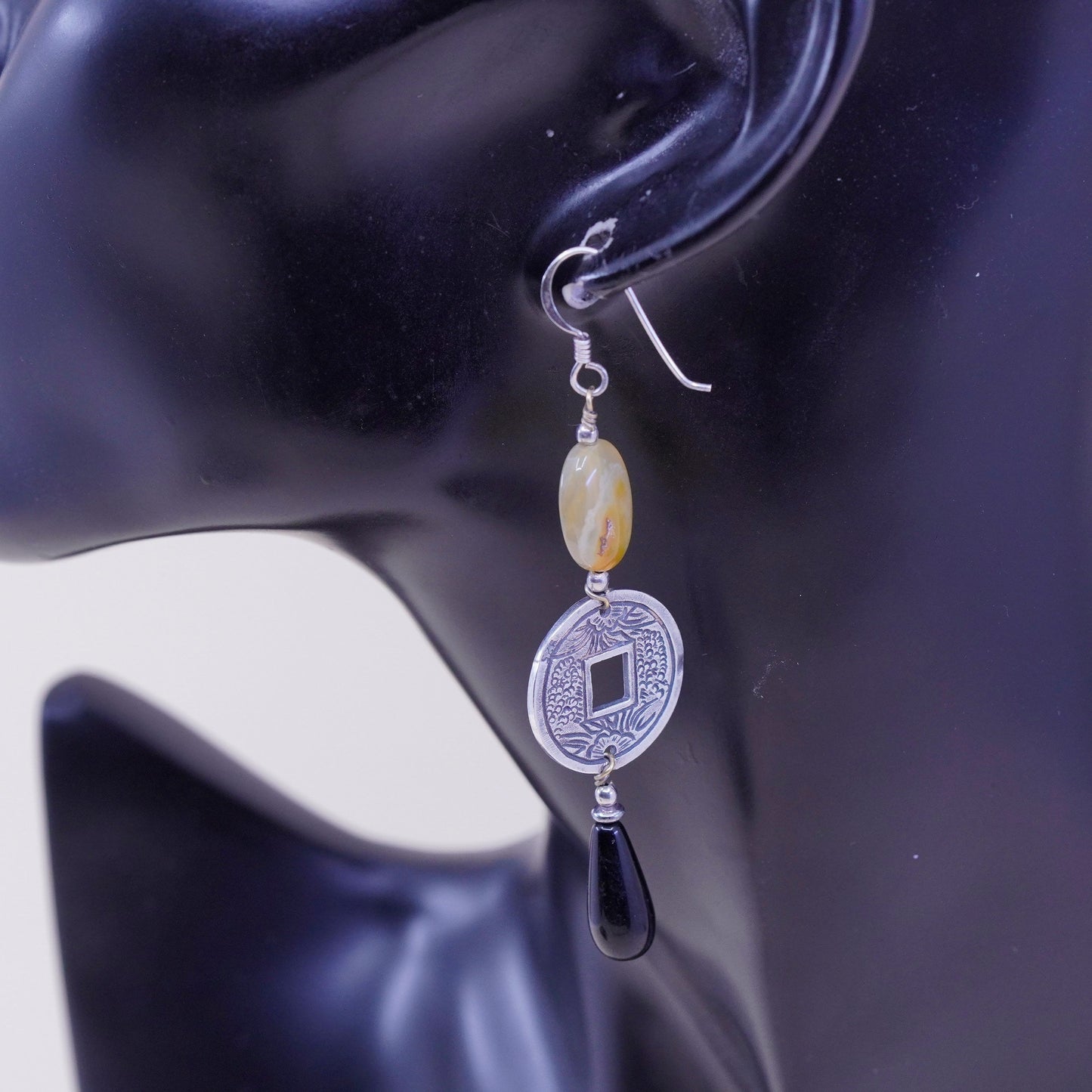 Vintage sterling 925 silver handmade earrings, 925 ancient coin with smoky quartz and teardrop black onyx, stamped 925