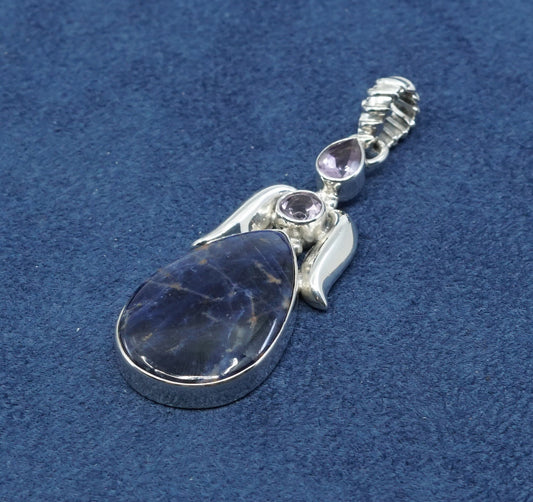 vtg sterling silver handmade pendant, 925 w/ teardrop lapis lazuli N amethyst