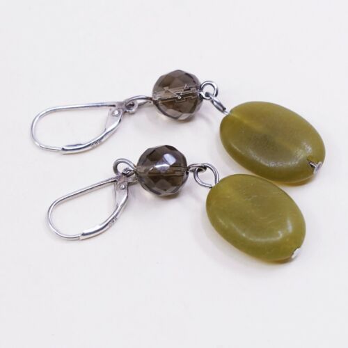 vtg sterling silver handmade earrings, 925 with jade dangles, Stamped 925