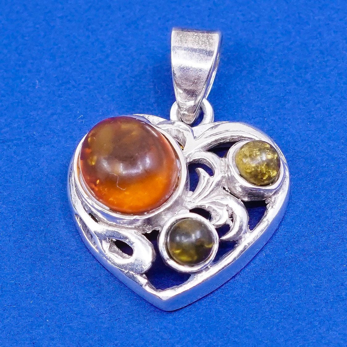 vtg Sterling silver handmade pendant, 925 w/ amber heart